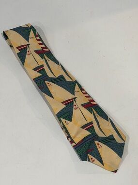 Polo by Ralph Lauren Cream Tie with Green & Red Sailboat Motif